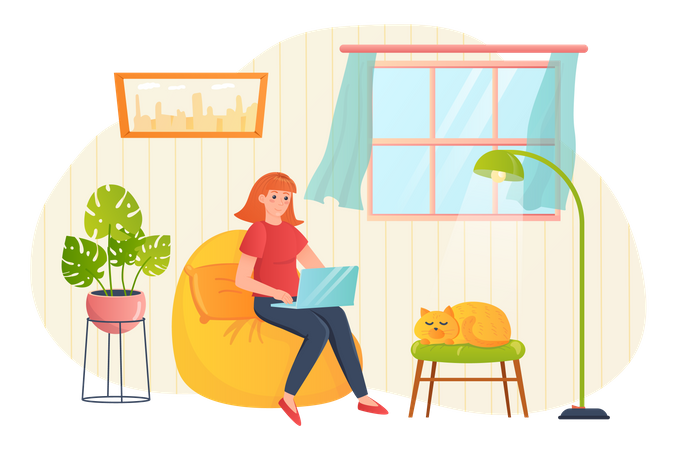 Woman working on laptop while sitting on beanbag Illustration