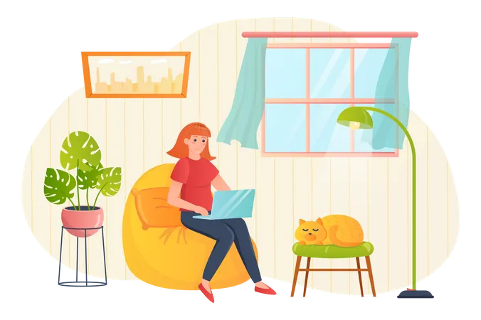 Freelance Workplace Flat Concept People Scene Woman Working At Laptop While Sitting In Armchair With Sleepy Cat In Cozy Room Remote Worker In Home Office Vector Illustration For Web Banner Design イラスト