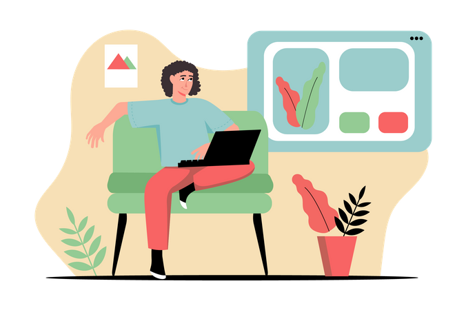 Woman working on laptop while sitting on couch  Illustration