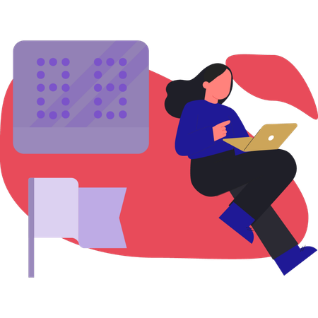 Woman working on laptop while watching football score  Illustration