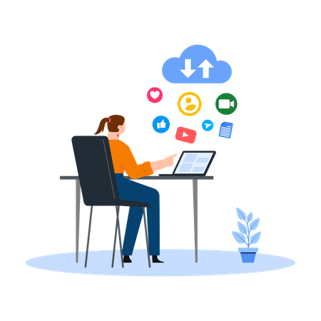 Woman Working on Laptop with Cloud Services & Cyberspace  Illustration