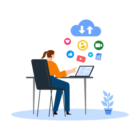 Woman Working on Laptop with Cloud Services & Cyberspace  Illustration