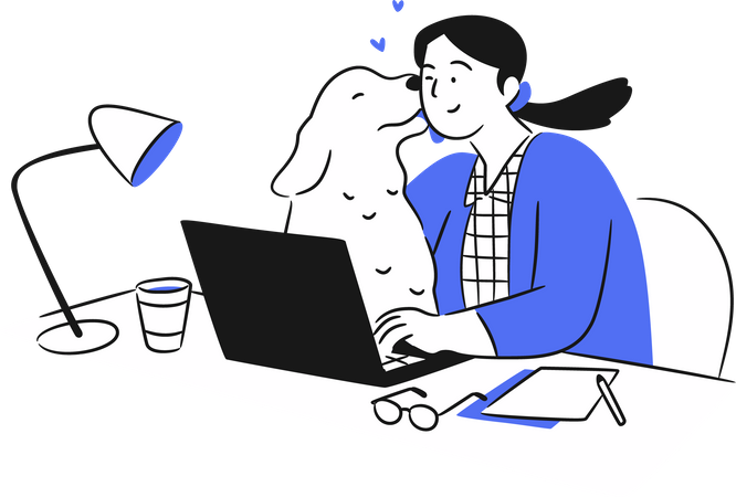 Woman working on laptop With Dog  Illustration