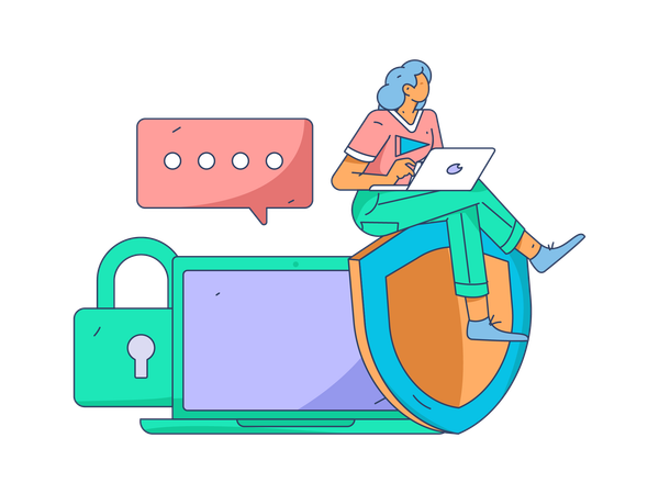 Woman working on laptop with laptop security  Illustration