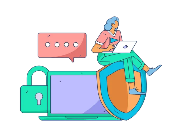 Woman working on laptop with laptop security  Illustration