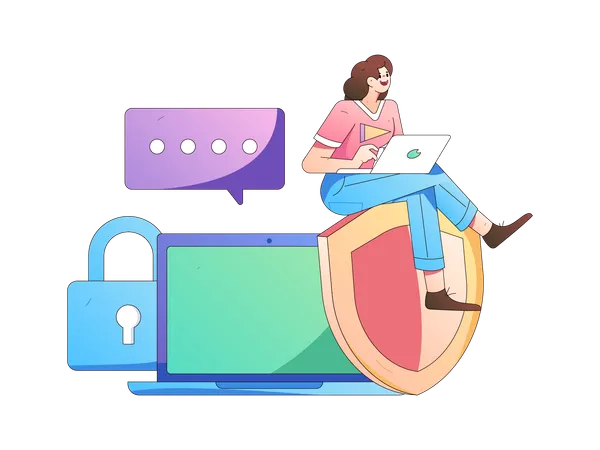 Woman working on laptop with laptop security  Illustration