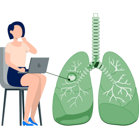 Woman working on lungs cancer research using laptop  Illustration