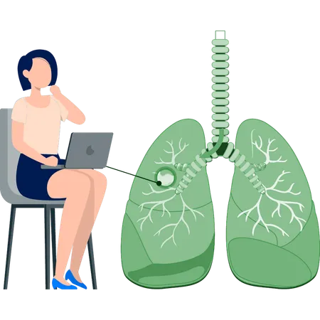 Woman working on lungs cancer research using laptop  Illustration