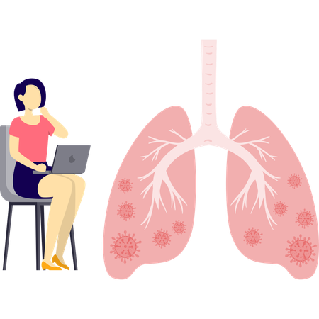 Woman working on lungs cancer research using laptop  Illustration