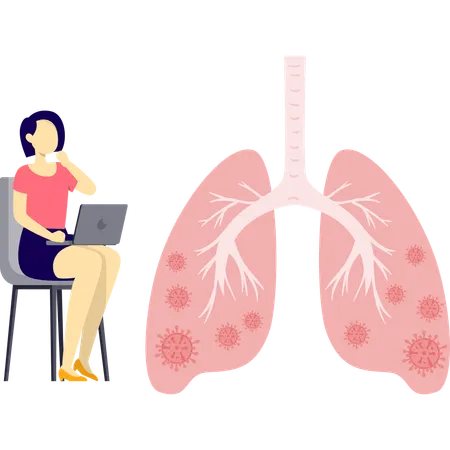 Woman working on lungs cancer research using laptop  Illustration