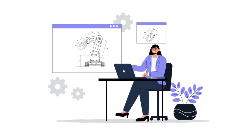 Woman working on machine design  Illustration