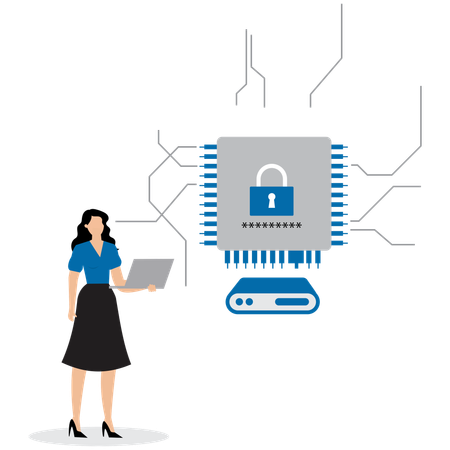 Woman working on Network security  Illustration