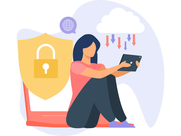 Woman working on network security  Illustration