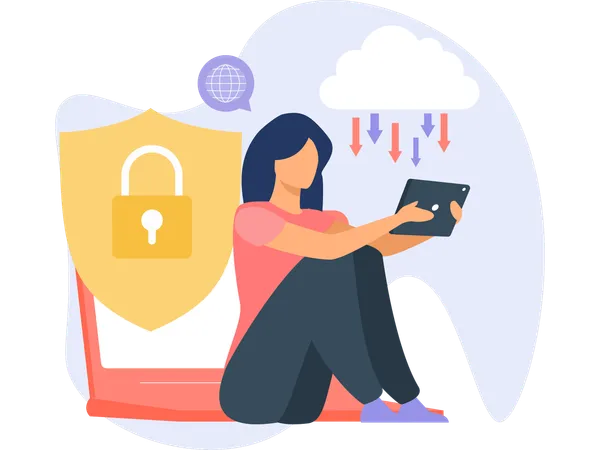 Woman working on network security  Illustration