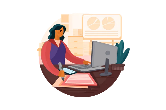 Woman working on new business plan  Illustration