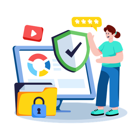 Woman working on Online Data Security  Illustration