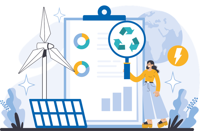 Woman working on renewable energy analysis  Illustration