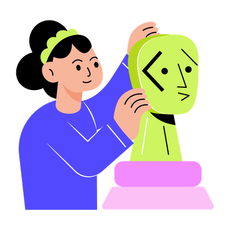 Woman working on robot face  Illustration