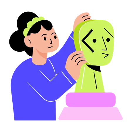 Woman working on robot face  Illustration