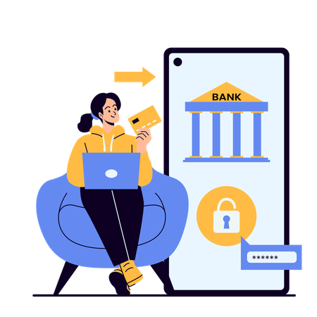 Woman working on security of saving money on online banking cards  Illustration