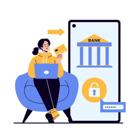 Woman working on security of saving money on online banking cards  Illustration
