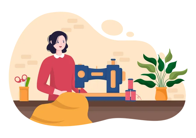 Woman working on Sewing machine  Illustration