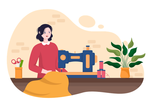 Woman working on Sewing machine  Illustration