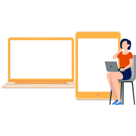 Woman Working On Sharing Files On Laptop  Illustration