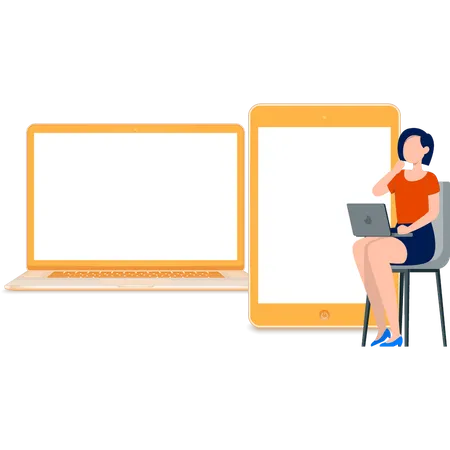 Girl Is Working On Sharing Files On Laptop Illustration