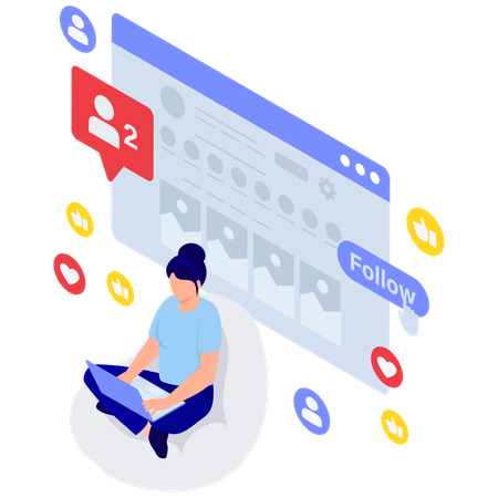 Woman working on social profile engagement  Illustration