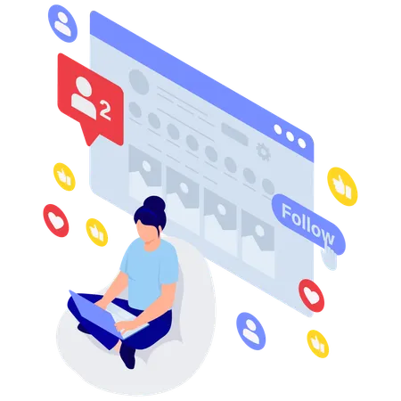 Woman working on social profile engagement  Illustration