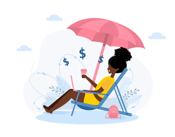 Woman working on vacation Illustration