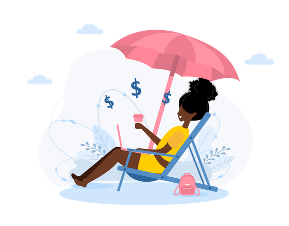 Woman working on vacation  Illustration