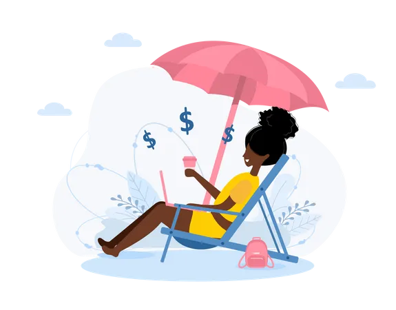 Woman working on vacation  Illustration