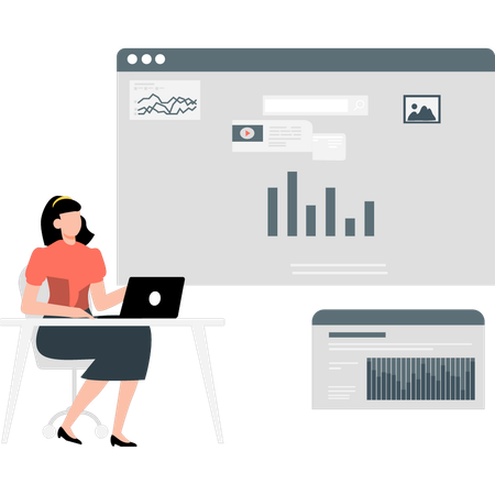 Woman working on web page on finance graph  Illustration