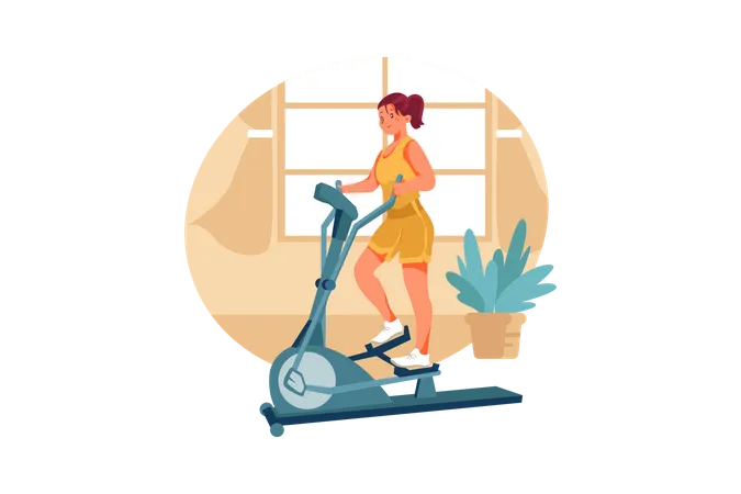 Woman working out on exercise cycle at home  Illustration
