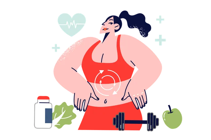Metabolism Process In Body Of Woman Doing Fitness And Eating Fruits And Vitamins For Weight Loss Girl Leads Healthy Lifestyle Standing In Sportswear With Arrows On Stomach Symbolizing Metabolism 일러스트레이션
