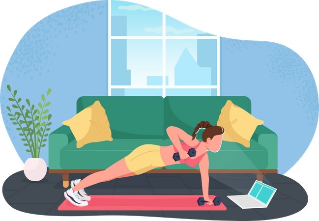 Woman working out while working on laptop Illustration