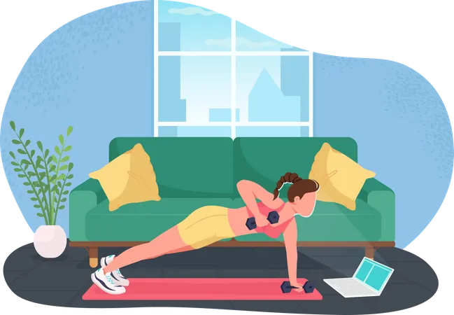 Woman working out while working on laptop Illustration