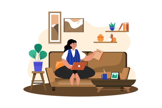 Woman Working Remotely at home Illustration