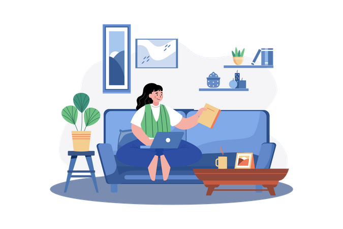 Woman Working Remotely at home Illustration