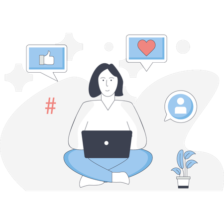 Woman  working social media hastag  Illustration