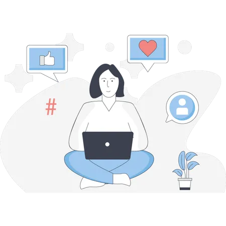 Woman  working social media hastag  Illustration