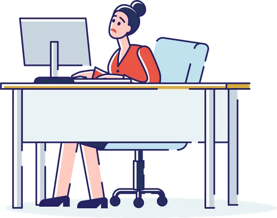 Concept Of Work In The Office Tired Stressed Woman Work In Office On Computer Dissatisfied Female Character Is Typing On Keyboard Do Her Job On Time Cartoon Linear Outline Flat Vector Illustration Illustration