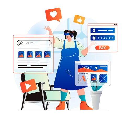 Cyberspace Concept In Modern Flat Design Woman Working At Internet Using VR Headset And Touches Visual Interface With Banking Or Search Services Virtual Augmented Reality Vector Illustration Illustration