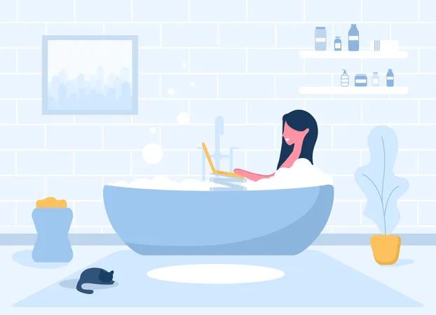 Woman working while bathing  Illustration