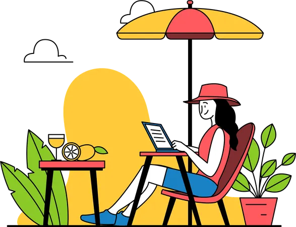 Woman Working While Enjoy the Atmosphere  イラスト