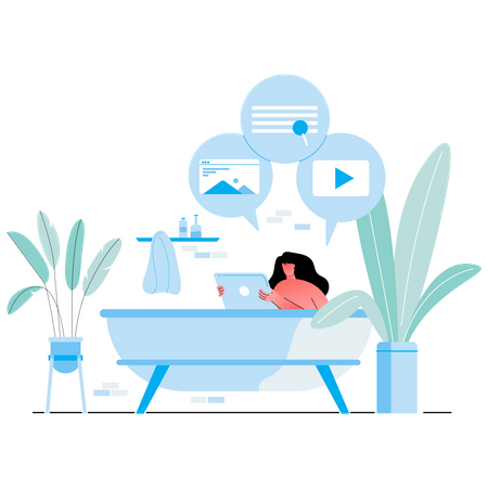 Woman working while sitting in bathtub  Illustration