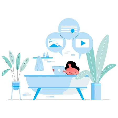 Woman working while sitting in bathtub  Illustration