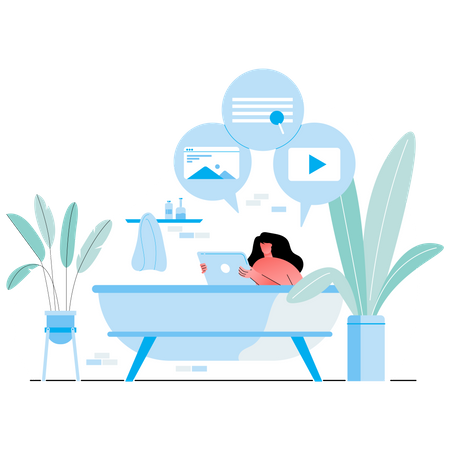 Woman working while sitting in bathtub  일러스트레이션